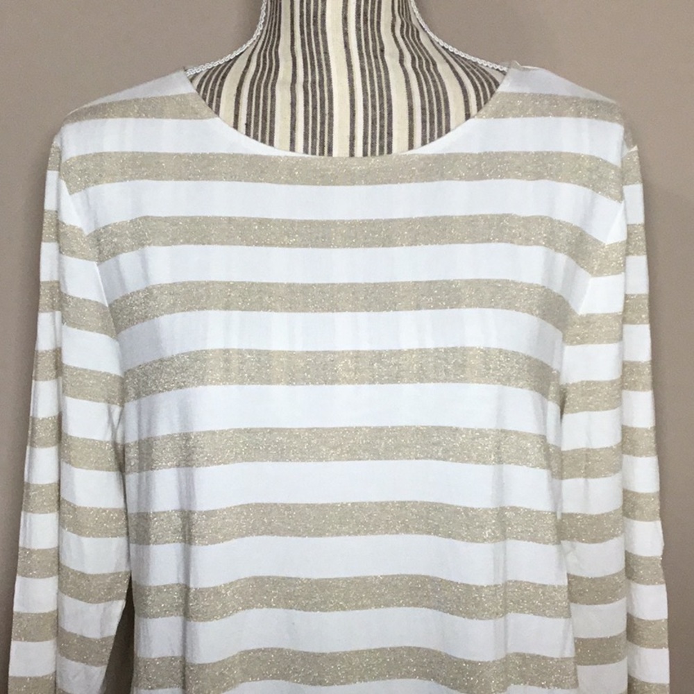 Chico’s Shimmer Striped Tee, Ecru/Gold, 2 - Picture 2 of 9
